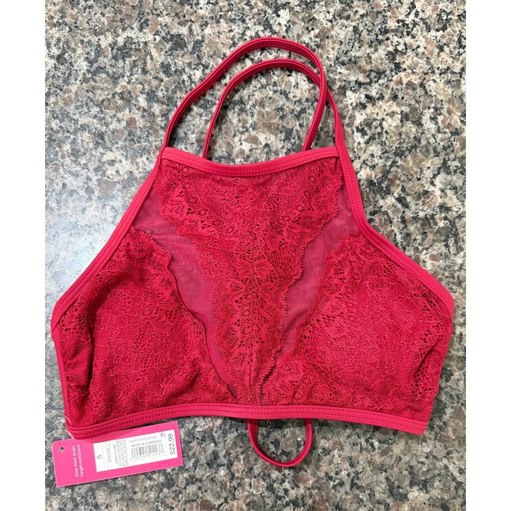 Xhilaration Womens Garnet‎ Red Lace Mesh High Neck Bikini Top Size S New